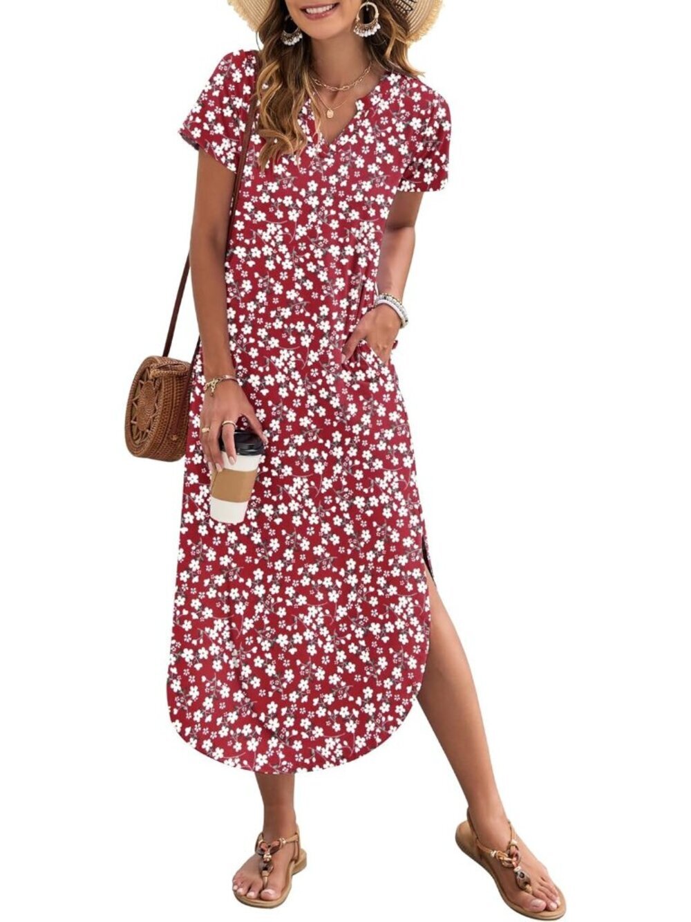 Women's Red Floral Summer Maxi Dress 2026 Short Sleeves Casual V Neck Sundress